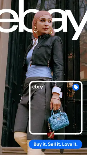 eBay brand banner showing a woman holding a blue quilted handbag inside an eBay tag frame, with the slogan Buy it. Sell it. Love it.