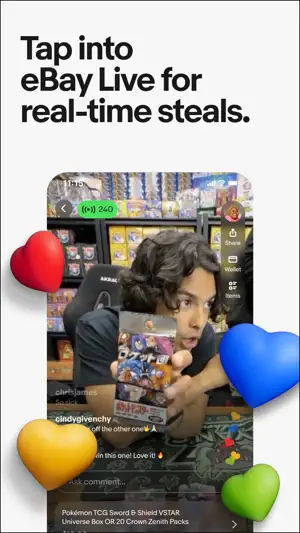 eBay Live stream with 240 viewers, a host holding up a Pokémon TCG booster box, a scrolling chat and Share, Wallet and Items buttons
