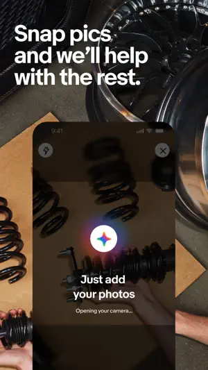 Photo-first listing camera pointed at car suspension springs, with the prompt Just add your photos while the camera opens