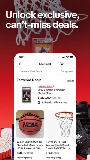 Featured Deals screen with a 2022 Bowman University Caitlin Clark card at $1,200 marked Authenticity Guarantee and a $50 Wilson NCAA basketball