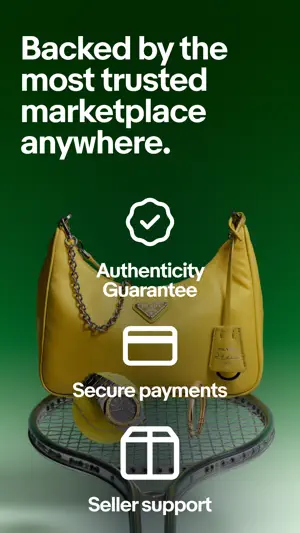 Promo slide listing Authenticity Guarantee, Secure payments and Seller support over a yellow designer handbag on a tennis racket