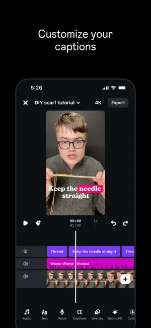Edits timeline for a DIY scarf tutorial with caption, audio and video tracks, a 4K export button and Captions, Voice and Overlay tools