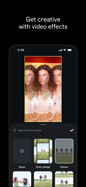 Video effects panel with an Apply effect to all clips toggle and Grid collage and Clones presets over a tripled portrait