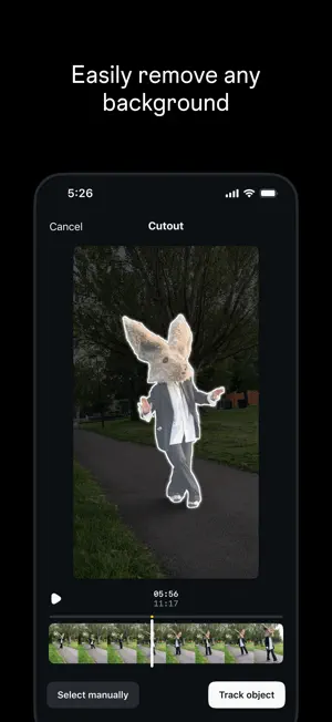 Cutout screen isolating a dancer in a rabbit mask on a park path, with Select manually and Track object buttons