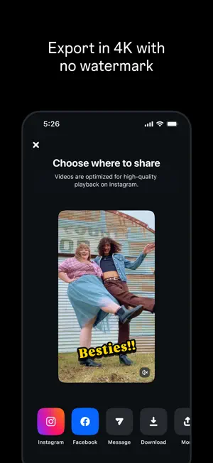Choose where to share screen with Instagram, Facebook, Message and Download buttons under a Besties!! clip