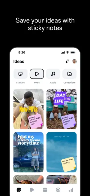 Ideas tab with Stickies, Reels, Audio and Collections filters and sticky notes pinned to saved reels