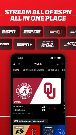 Watch tab with ESPN network logos above a live Alabama vs. Oklahoma college football score and an NCAA women's basketball row