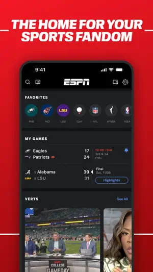 Home screen with a Favorites row of teams and leagues, a My Games list with Eagles–Patriots and Alabama–LSU scores, and a Verts carousel