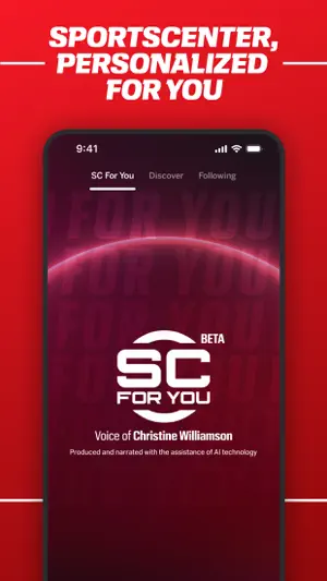 SC For You beta screen: a personalized SportsCenter voiced by Christine Williamson and produced with AI assistance