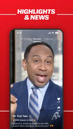 Discover tab playing a vertical First Take clip about the new NBA season, with like, share and caption buttons