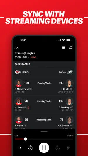 Chiefs at Eagles game page listing passing, rushing and receiving leaders above a live stream playback bar