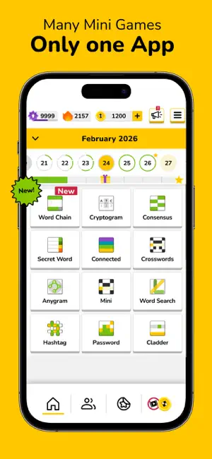 Home screen for February 2026 with a date strip and 12 game tiles, Word Chain marked New