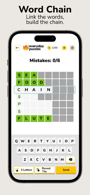 Word Chain round linking SEA, FOOD and CHAIN down to FLUTE, with Mistakes 0/6 and hint buttons