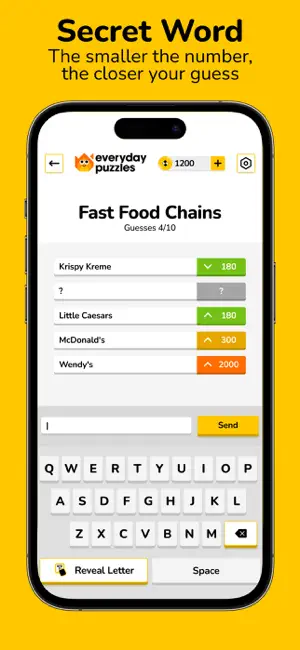 Secret Word round on Fast Food Chains, guess 4 of 10, each guess scored with a number such as 180 or 2000