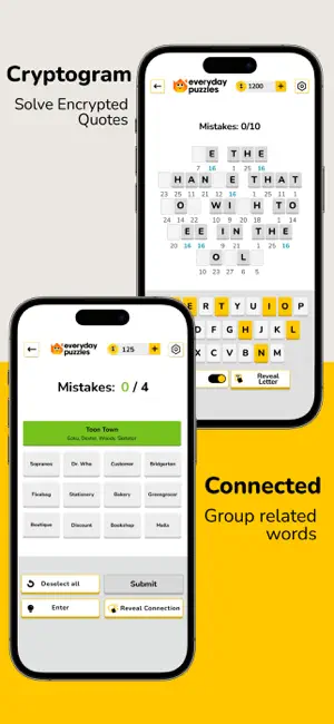 Cryptogram quote with numbered letter slots above a Connected board of 16 word tiles