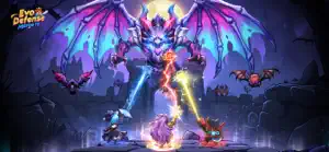A giant purple dragon boss looming over the hero grid, with the Evo Defense logo