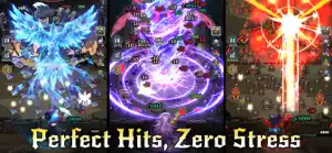 Three battle boards with a phoenix, a purple vortex and a beam attack, captioned perfect hits, zero stress