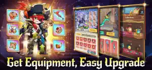 A red-haired hero beside an equipment grid, captioned get equipment, easy upgrade