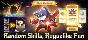 A merge preview and a skill-choice card with a wolf-mech hero, captioned random skills, roguelike fun