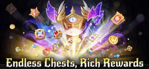 A golden chest bursting with gems and cards, captioned endless chests, rich rewards