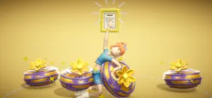 The hero holding a graduation certificate aloft amid purple gift boxes