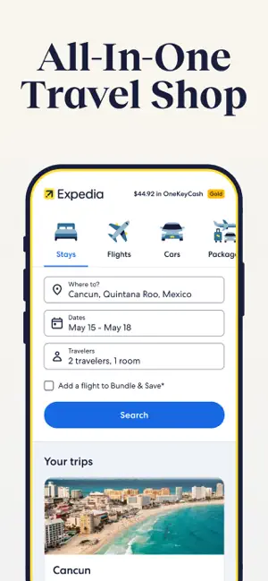 Expedia home screen with Stays, Flights, Cars and Packages tabs, a Cancun search and a $44.92 OneKeyCash Gold badge