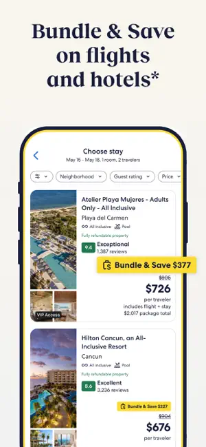 Cancun stay results with Bundle & Save badges of $377 and $227 and per-traveler package prices