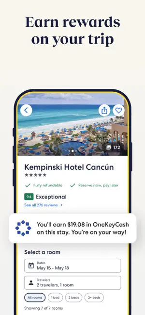 Kempinski Hotel Cancún page with Fully refundable and Reserve now, pay later labels and a $19.08 OneKeyCash notice