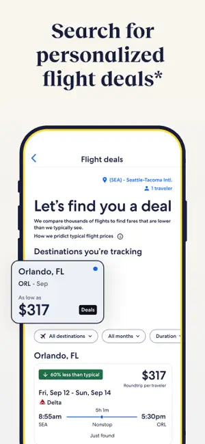 Flight Deals screen from Seattle showing an Orlando roundtrip at $317 marked 60% less than typical