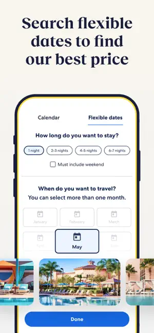 Flexible dates picker with stay lengths from 1 night to 6-7 nights, a weekend checkbox and May selected