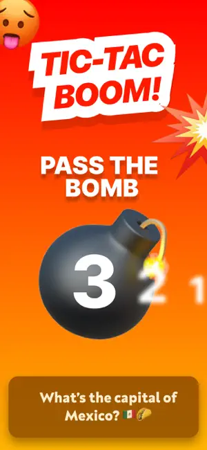 Tic-Tac Boom screen with a 3-2-1 countdown bomb labelled Pass the Bomb above the question What's the capital of Mexico?