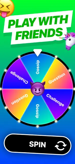 Spin wheel split into Gossip, Question and Challenge segments with a Spin button, under a Play With Friends banner