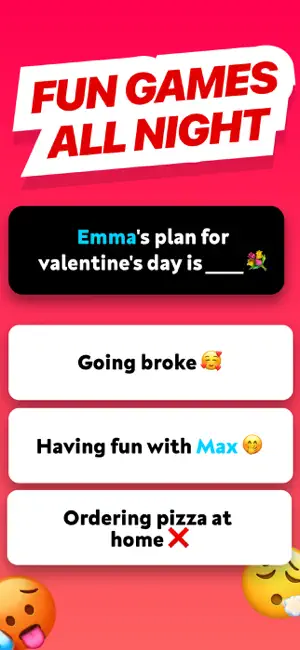Fill-in-the-blank card about a player named Emma's Valentine's Day plan, with three answers, one naming another player, Max