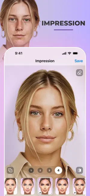 FaceApp Impression screen at strength 4 on a blonde woman's portrait, with her unedited face shown above