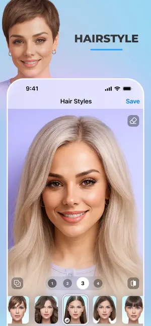 Hair Styles filter at level 3 giving a short-haired woman long platinum-blonde hair, before photo inset