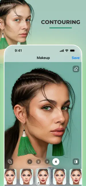 Makeup screen applying contouring at strength 4 to a woman with braids and green tassel earrings