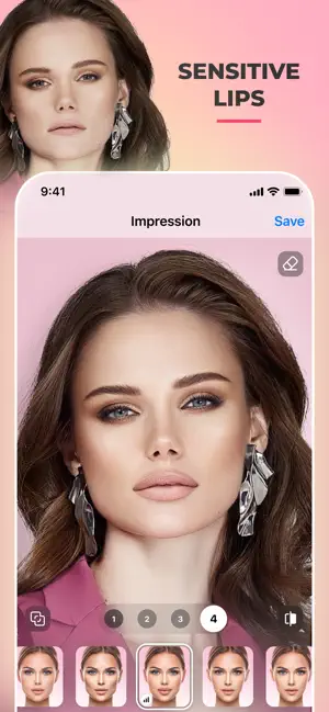 Impression filter promoted as Sensitive Lips at level 4 on a brunette wearing silver earrings