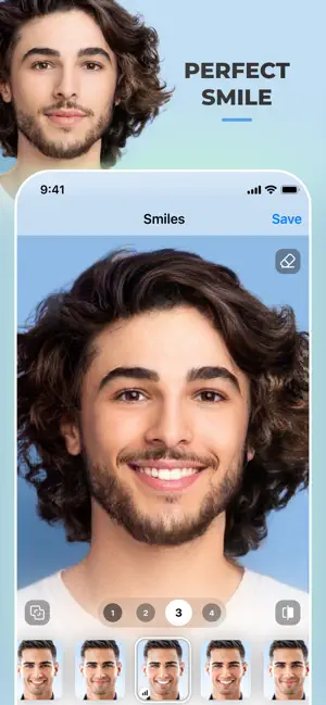 Smiles filter at level 3 adding a broad toothy smile to a curly-haired bearded man