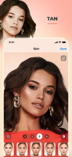 Skin filter at level 3 adding a tan to a woman with dark wavy hair and gold earrings