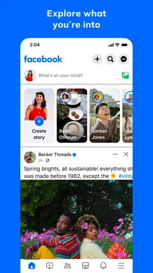 Feed with a stories row above a post from a followed page