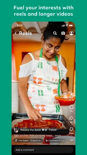 Reels player showing a cooking video with 21.1K likes and a gift button