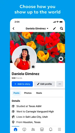 Profile page with 508 friends and tabs for posts, photos and reels
