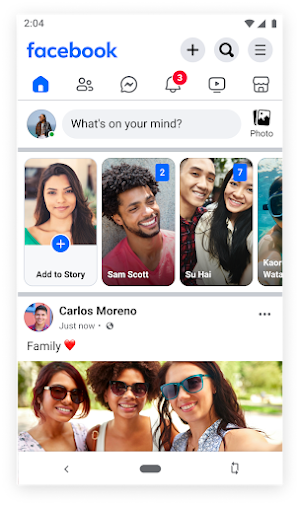 Facebook Lite home feed with a six-icon top tab row, a What's on your mind? composer and a Stories strip