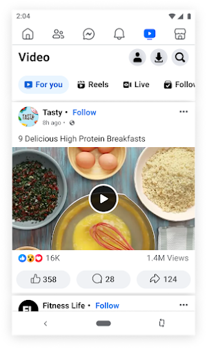 Facebook Lite Video tab with For you, Reels, Live and Following filters above a recipe video