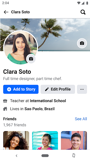 Facebook Lite profile page with Add to Story and Edit Profile buttons and a 1,967-friend count