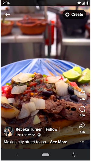 Full-screen Reel of Mexico City street tacos in Facebook Lite with Follow and Create buttons
