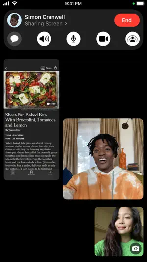 Screen sharing a recipe page during a call with two participants