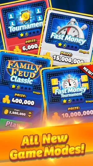 Four mode cards for Tournament, Fast Money, Family Feud Classic and a new Fast Money Tournament, with coin prizes up to 15,000,000