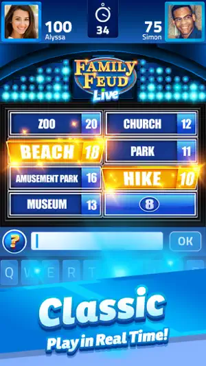 Classic round board with Beach at 18 and Hike at 10 highlighted, a 34-second timer and a 100 to 75 score
