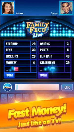 Fast Money board with two columns of answers such as Tent 33 and Flip Hair 40, above a Pass button and keyboard